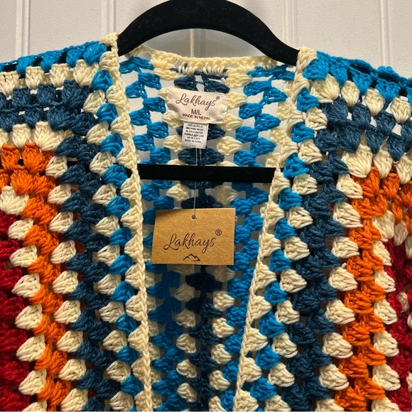 Fiesta Colorful Crocheted Granny Square Open Front Sweater Cardigan. M/L. NWT. - Picture 12 of 14
